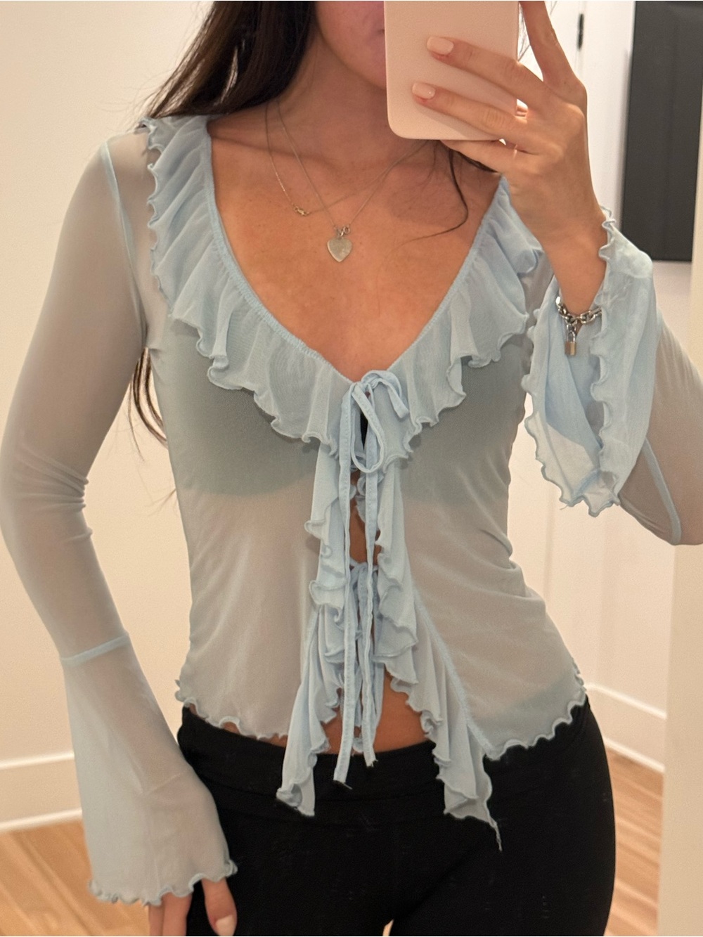 Sheer Ruffle Tie-Front Top - Light Blue